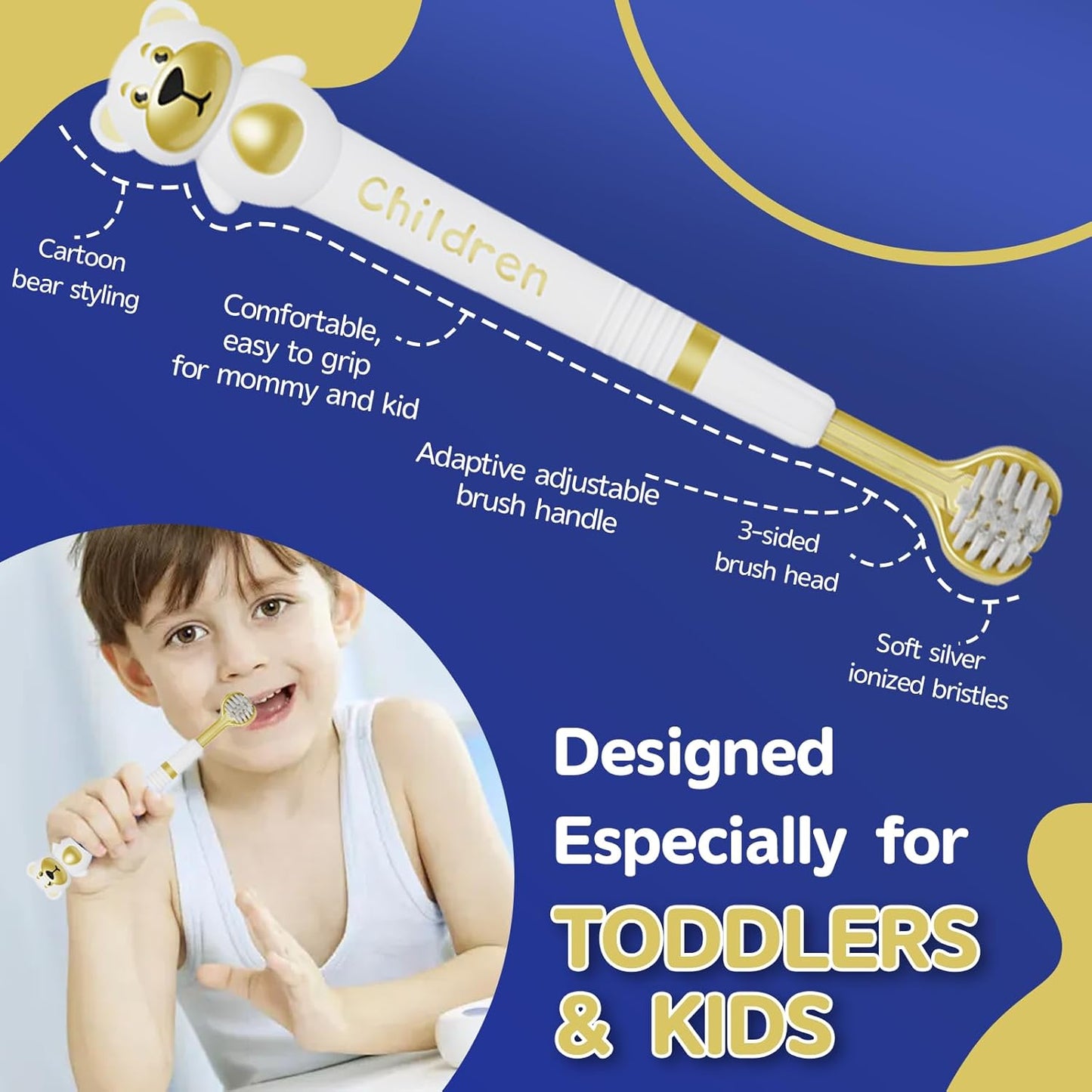 3 Sided Toothbrush for Kids, Japanese Design Triple-Angle Toothhugger, Cartoon Bear Design for Autism Toddlers, Kids Toothbrush for Aged 3-12, Soft Bristles for Gentle Gum Care (3Pack)