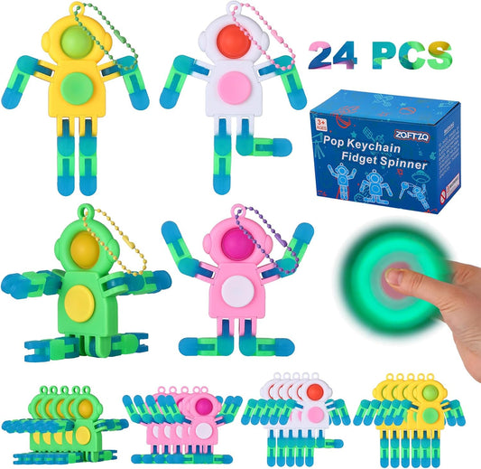 24Pcs Pop Fidget Spinners Bulk - Deformable Astronaut Fidget Spinner Keychain Robot Gyro Fidget Spinner for Kids Adults Glow in The Dark Sensory Toys Christmas Party Favors Classroom Prizes