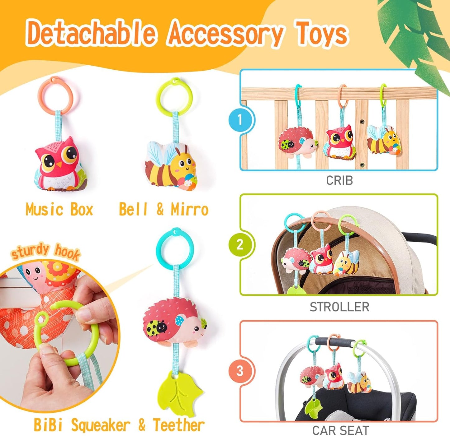 Jollybaby Crib Stroller Car Seat Toys for Baby 0-3-6-9-12 Months, Tummy Time Hanging Sensory Toys for Newborn with Music Box and Teether, Spiral Carseat Toy for Infant Boys Girls Gifts (Yellow)