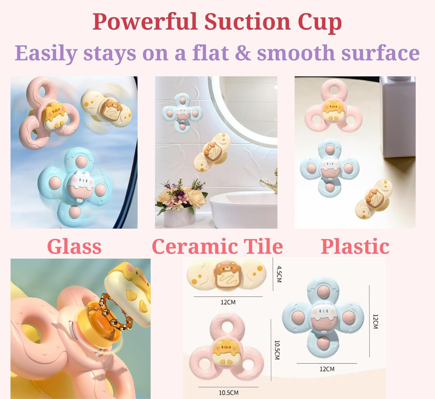 3PCS Suction Cup Spinner Toys Set: Baby Bath Sensory Spinner Toys for 1 2 Year Old Boys Girls - Stress Release, Anxiety Relief, Educational Gifts for Toddlers 1 2 3 Years Old - 3 Pack