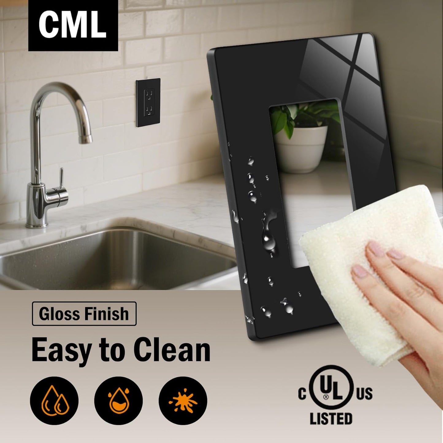 CML Black Screwless Wall Plates, 40 Pack Decorator Light Switch Covers, 1-Gang Decor Outlet Switch Plate, Standard Size 2.91”x4.68”, UL Listed, Glossy Finish