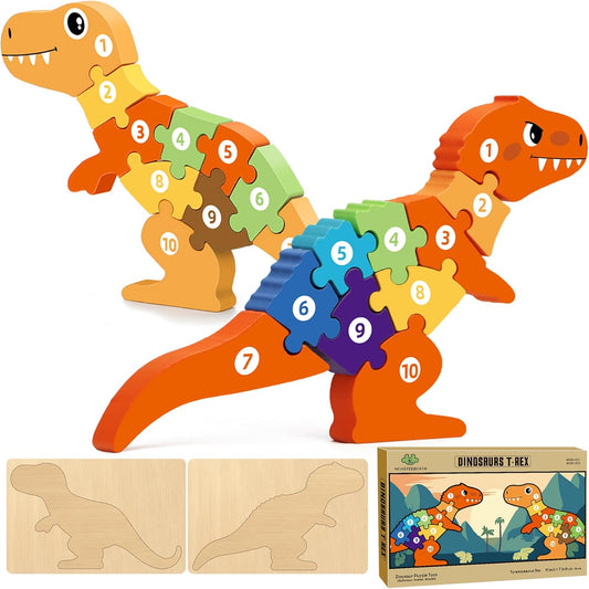 Wooden Dinosaur Puzzles Set for Kids/Toddlers Ages 1-8, T-Rex & Allosaurus with Colorful Box, Educational Dino Toys Little Boys/Girls 2 3 4 5 6 Year Old, Numbers/Chunky, Large 11"x7" Size