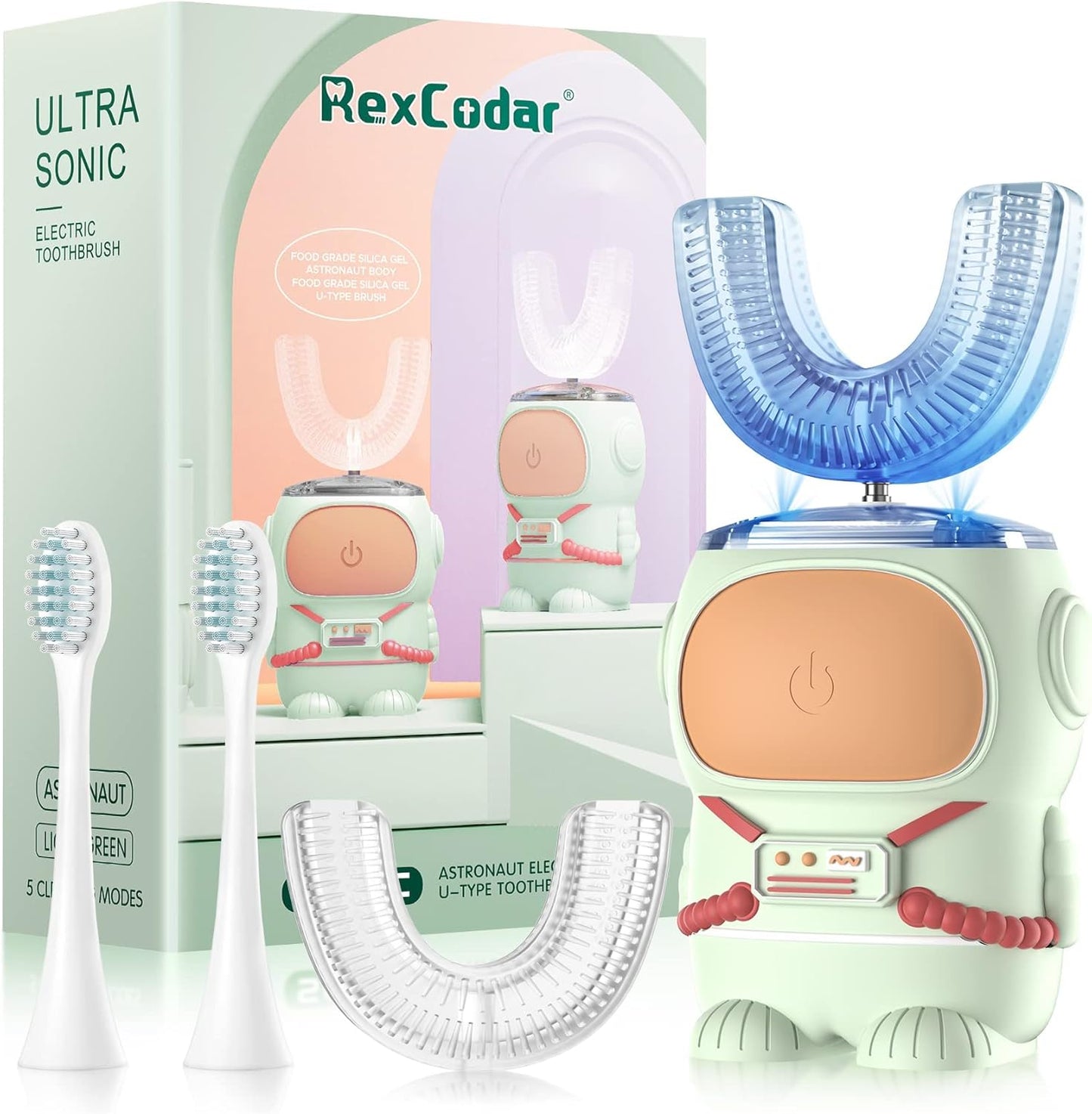 Ultrasonic Kid's U-Shaped Electric Toothbrush, IPX7 Waterproof, Five Cleaning Modes, 60S Smart Reminder (Cartoon Astronaut, Green Ages 2-6)