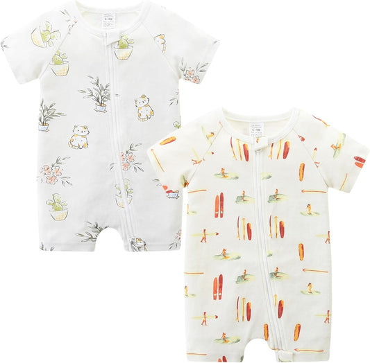 Unisex Summer Trendy 2-Pack Rompers Short Sleeve Zipped Bodysuit Infant Cotton Outfits