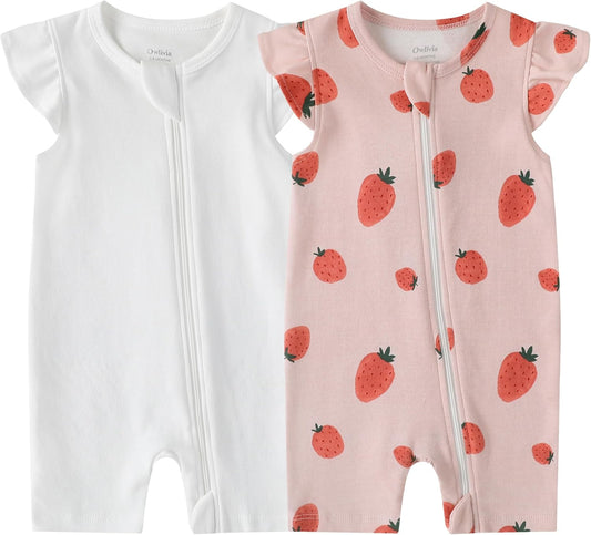 Owlivia Baby Short Sleeve Summer Romper Set, 2 Pack Tank Jumpsuit for Girls and Boys, Cartoon One Piece Coverall Outfit