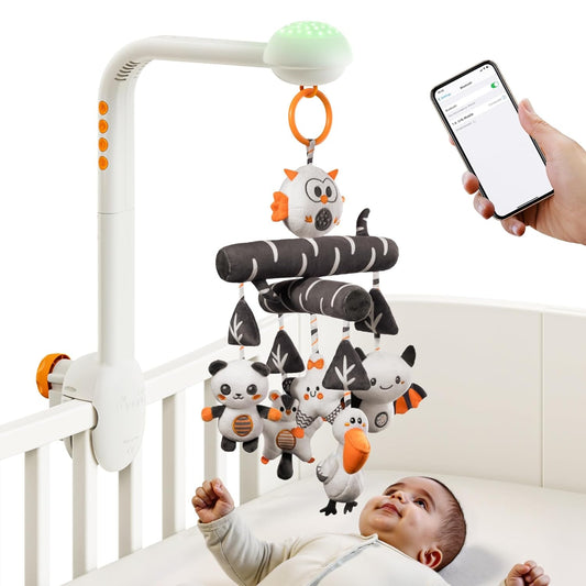 TUMAMA Baby Crib Mobile, High Contrast Baby Crib Toy with Projection Night Light, Music and White Noise, Soft Plush Animal Black and White Hanging Toy for Infant 0 3 6 9 Months Newborn Gift