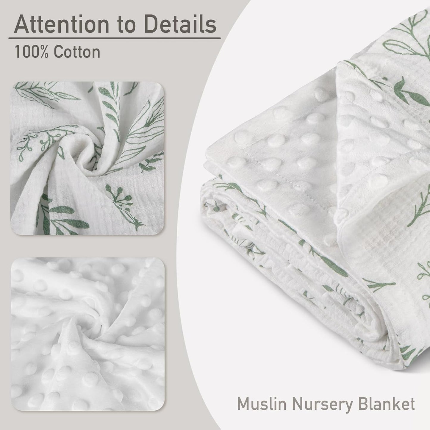 GLLQUEN BABY Blankets for Unisex Boys Girls, Muslin Cotton Front Soft and Breathable, and Dotted Fleece Backing, Printed Bed Nursery Minky Blankets for Toddler Newborn, Greenery, 30 x 40 inches