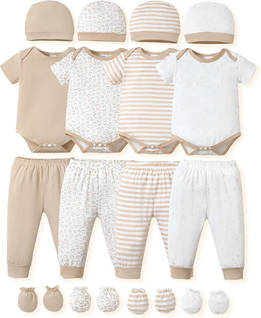 NZRVAWS Newborn Baby Boy Girl Clothes Unisex Infant Romper Pants Set Hat 4-Pack Outfits 0-12 Months 16 Pieces Toddler