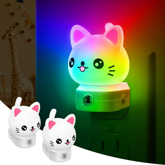 Cat Night Lights Plug Into Wall [2 Pack], Cute Night Light for Kids, 8-Color RGB LED Night Light, Nightlight with Dusk to Dawn Sensor for Kids Room, Bathroom, Bedroom Décor, Children Gift