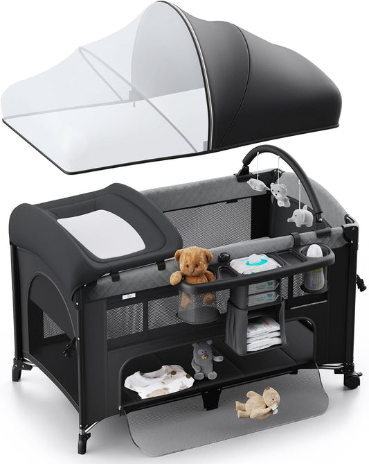 4 in 1 Baby Bassinet, Pack and Play, Bedside Crib Sleeper, Diaper Changer - Comes with Mattress, Mosquito Net，Bottom Storage and Toy Bar for Newborn to Toddles