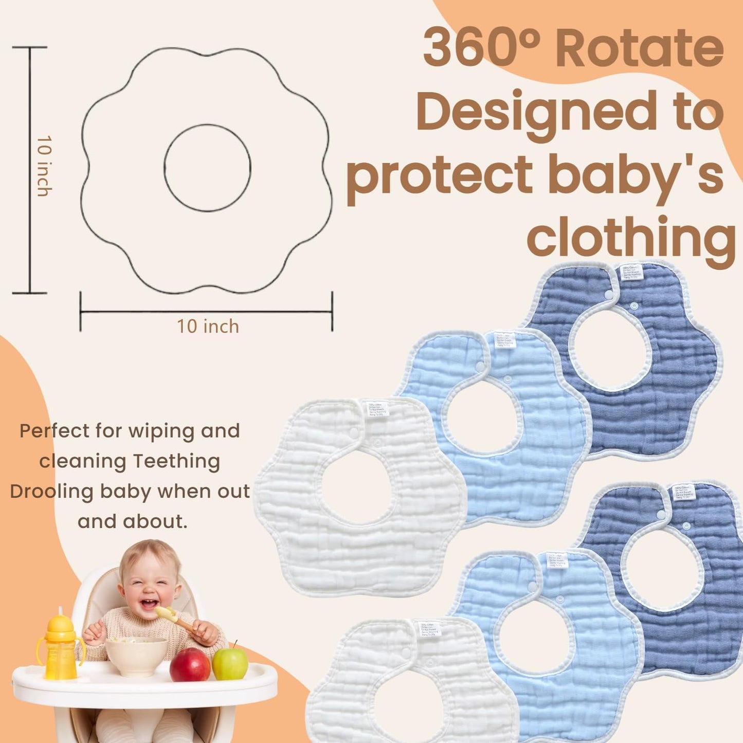 MUKIN Baby Drooling Towel, Snap Bibs, Muslin Bibs, 6 Pack, Adjustable, Soft Cotton