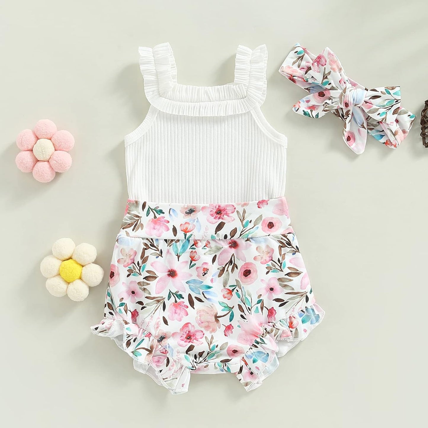 fhutpw Baby Girl Clothes Summer Cute Outfits 3 6 12 18 Months Spaghetti Strap Romper & Floarl Shorts Sets
