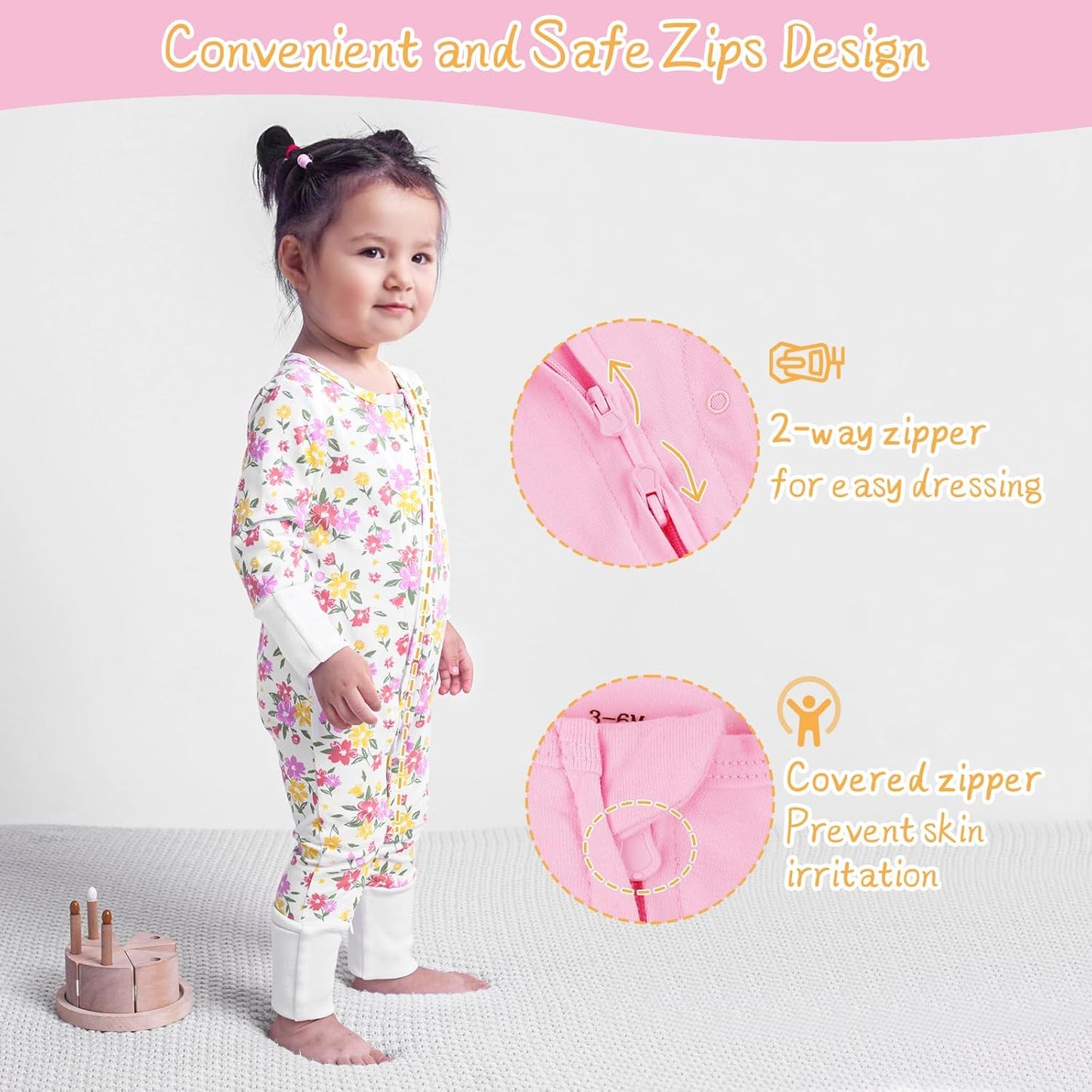 Satol Baby Girl Cotton Clothes, One-Piece Zip Front Footed, 2 Way Zipper Outfit Baby Clothes for Girls