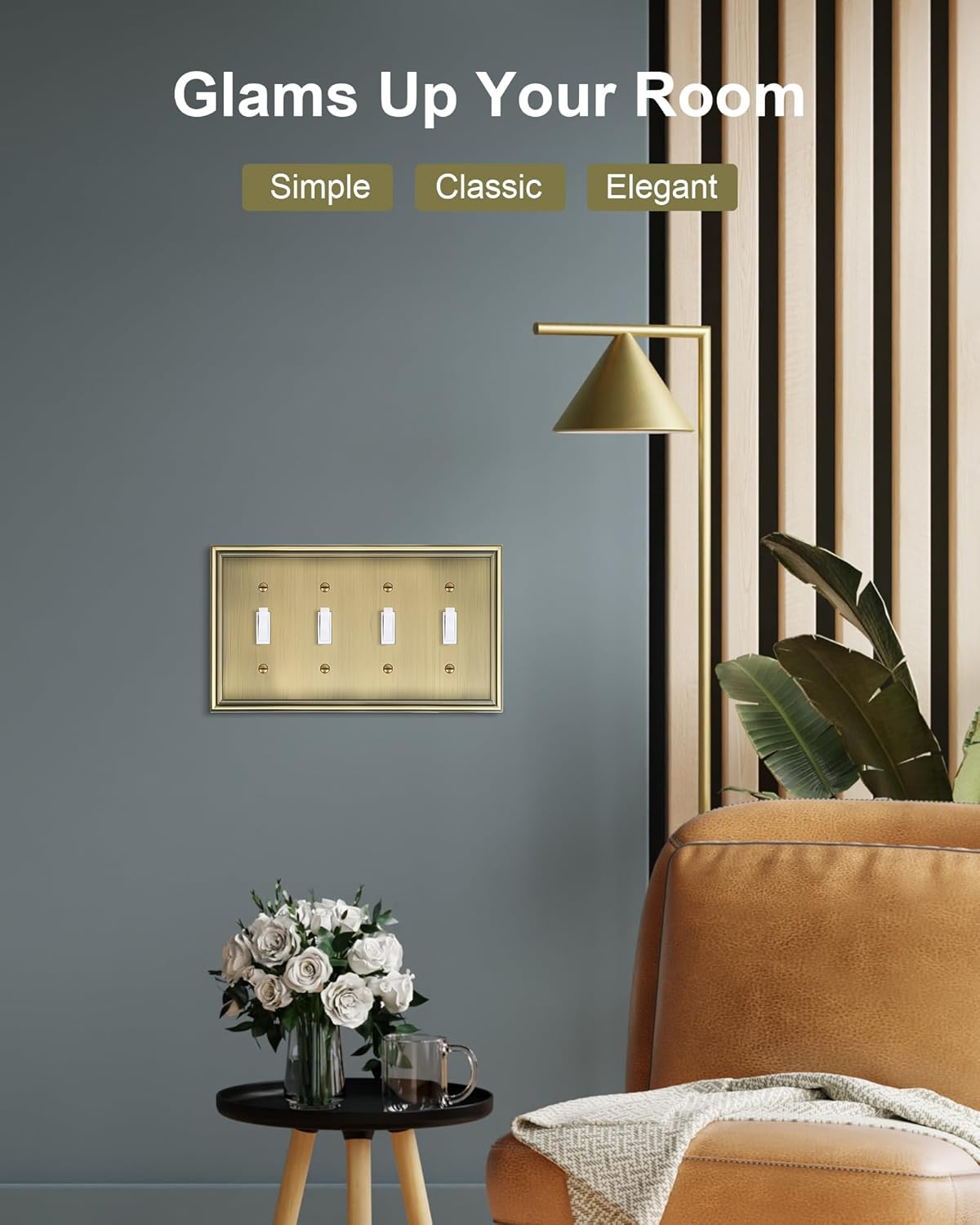 2-Pack Quad Toggle Light Switch Cover Plate, Durable Zinc Alloy Decorative Switch Plate Covers, Antique Brass 4 Gang Wall Plate for Toggle Light Switch and Rotary Dimmer Switch