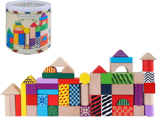 Wooden Building Blocks for Toddlers 1-3, Montessori Shape Sorting & Stacking Toys, 50 Pcs Colored Wooden Blocks Set with Storage Bucket, Kids Building Toys, Stacking Blocks for Boys Girls
