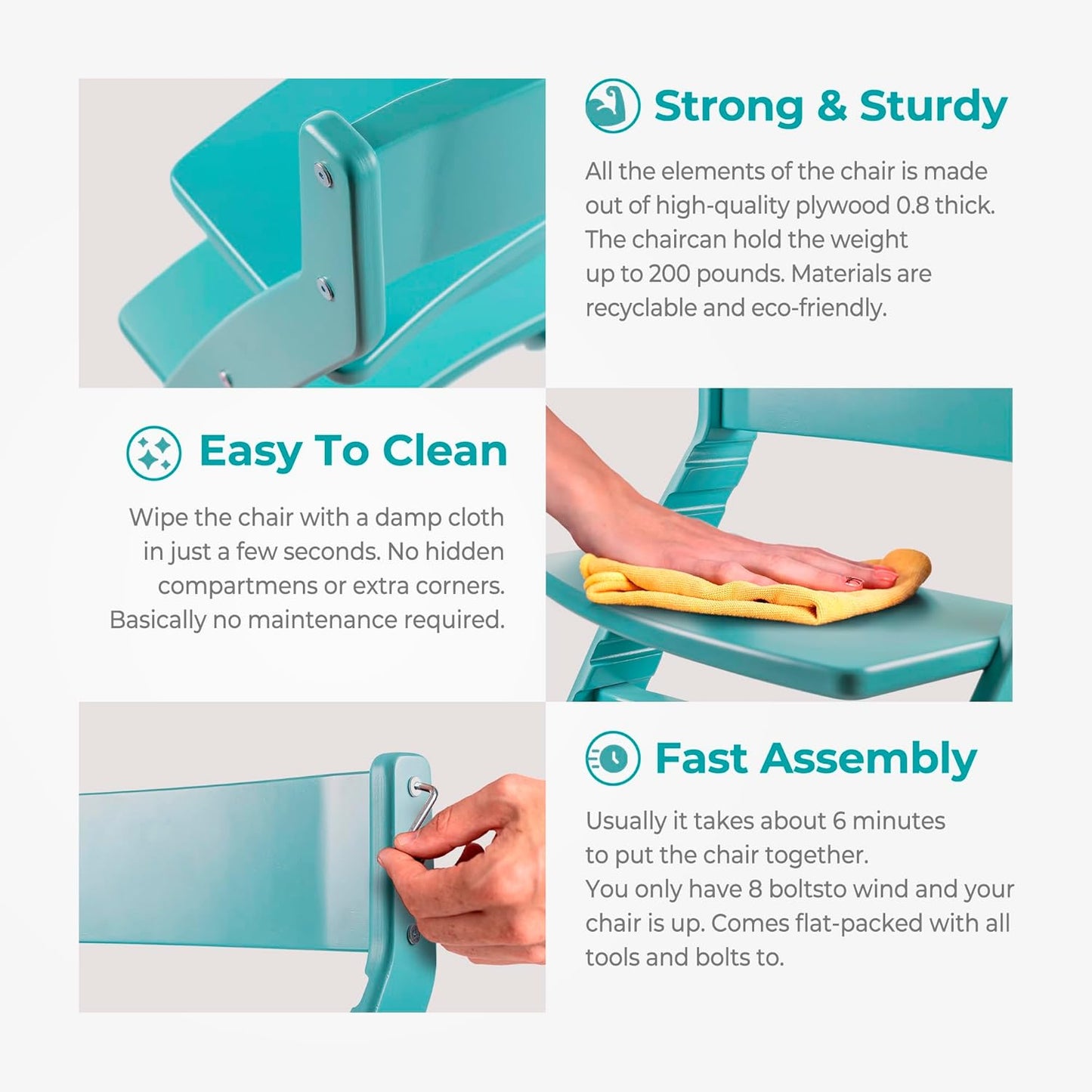 FORNEL Modern Wooden High Chair in Turquoise | The Adjustable Grow-with-Me Chair with a Stylish Pop of Color for Your Kitchen & Dining Room