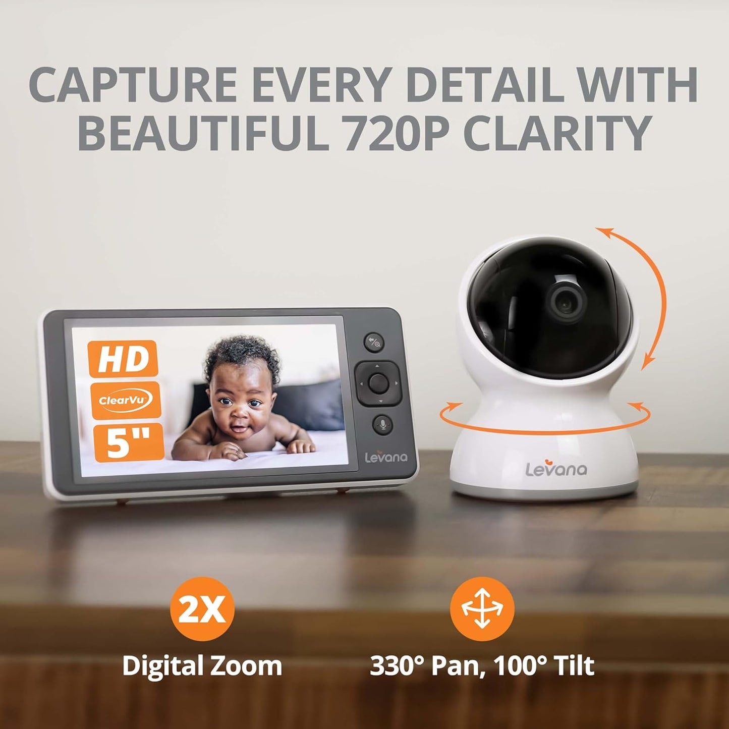 Levana Ella Video Baby Monitor, 5'' 720P Screen, 2 PTZ Cameras, 4 Days Battery Life, 3800mAh Battery, Night Vision, Two-Way Talk, No WiFi, 1000ft. Long Range Baby Monitor with Premium Carrying Case