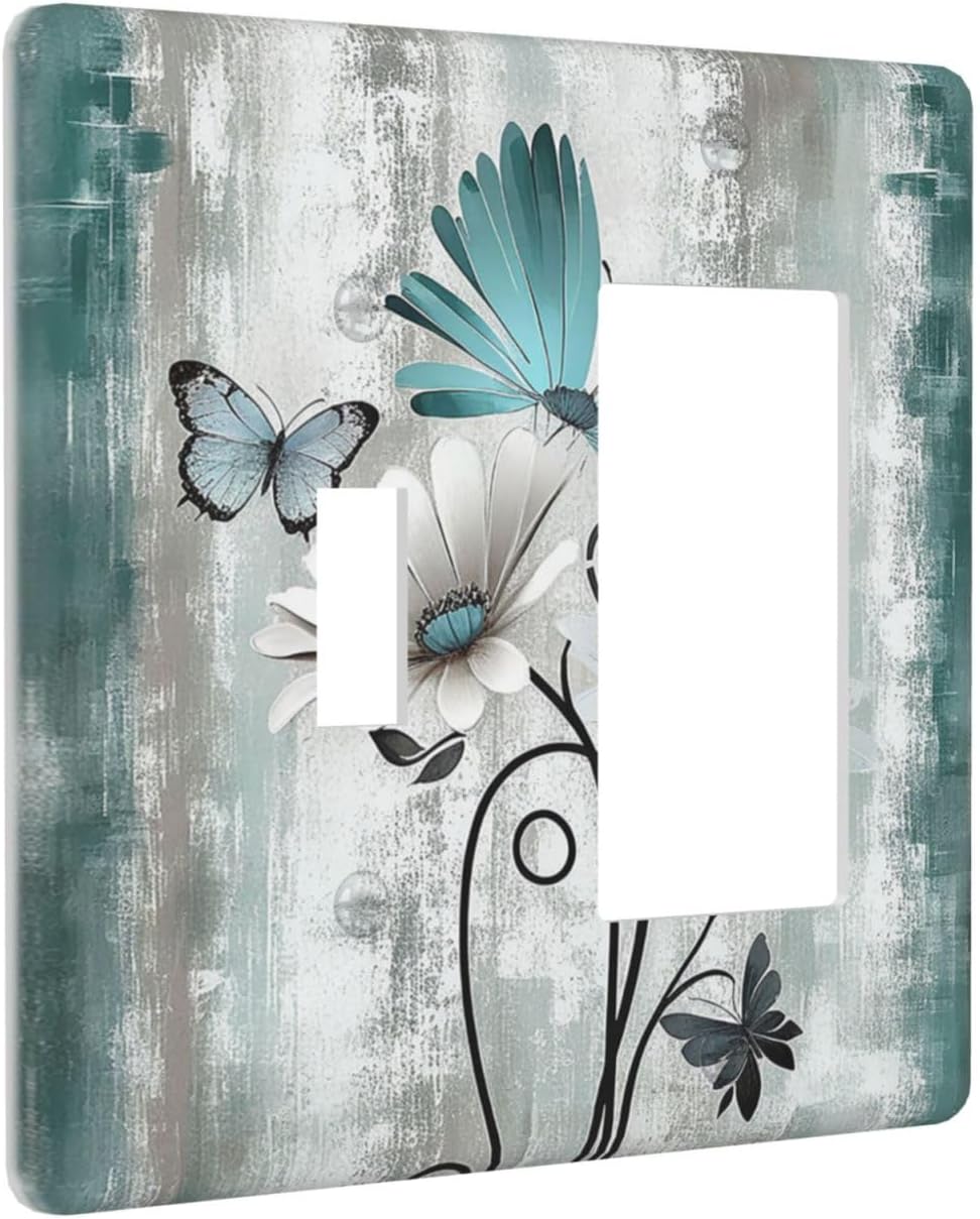 Outlet Covers Rustic Teal Daisy Floral Flowers Butterfly Wood Grain 1 Toggle 1 Rocker Combination Decorative Wall Plate Electrical Switch Plates Light Switch Cover Plate for Bedroom Decor