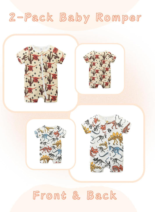 Unisex Summer Trendy 2-Pack Rompers Short Sleeve Zipped Bodysuit Infant Cotton Outfits
