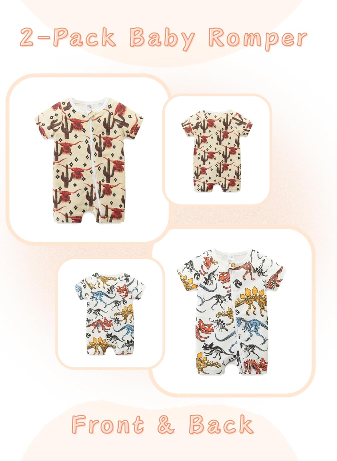 Unisex Summer Trendy 2-Pack Rompers Short Sleeve Zipped Bodysuit Infant Cotton Outfits