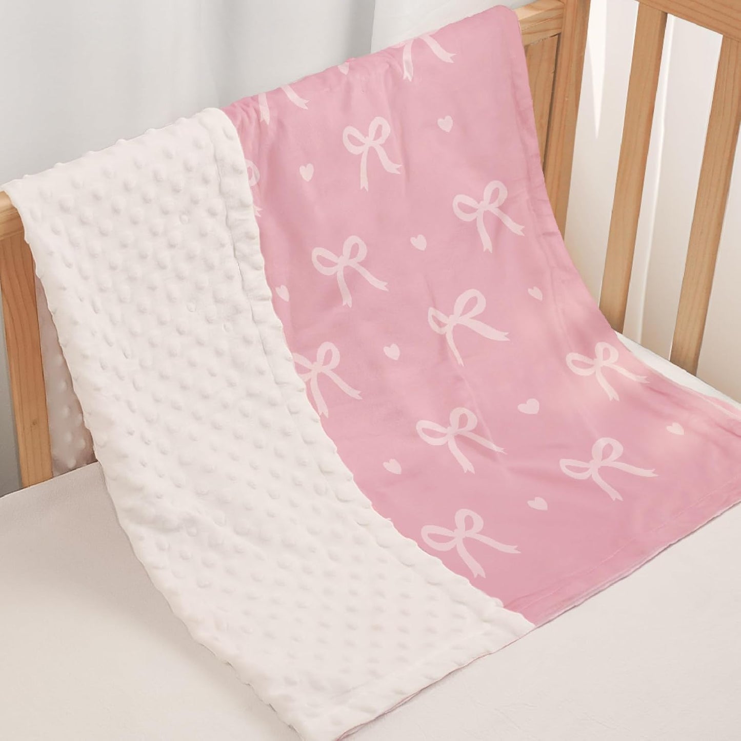 Bow Minky Baby Blanket 30 x 40 Inches for Girls, Soft Plush Receiving Blanket with Dotted Back, Gift for Toddler Newborn Infant Christmas Birthday Baby Shower