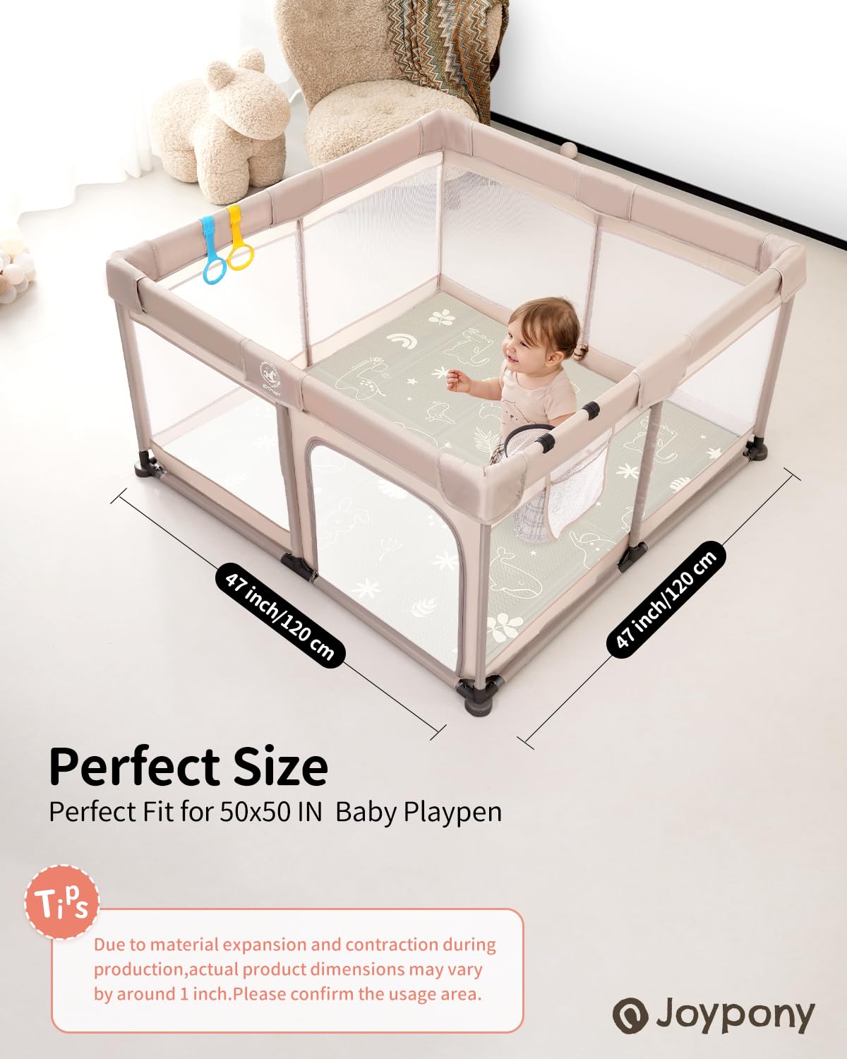 Baby Play Mat, 47 x 47 Inch Foldable Play Mats for Babies and Toddlers, Waterproof & Anti-Slip Portable Baby Floor Mat for Baby Playpen, Baby Mat for Floor with Travel Bag