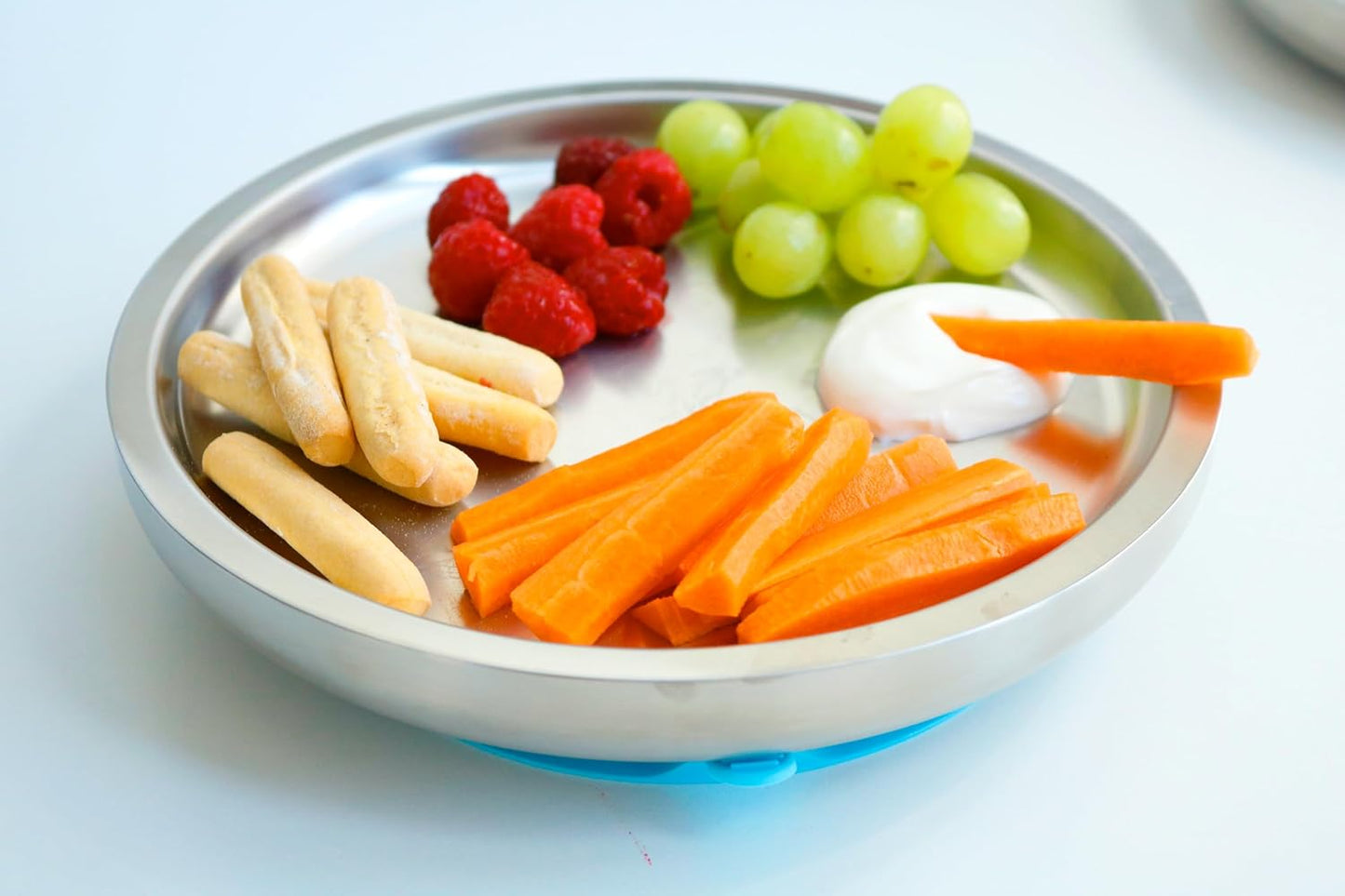 Avanchy Open Baby Plates with Suction – Stainless Steel Divided Plates for Toddlers, BPA-Free, Dishwasher Safe, Unbreakable, Non-Toxic, 100% Silicone Suction – Blue