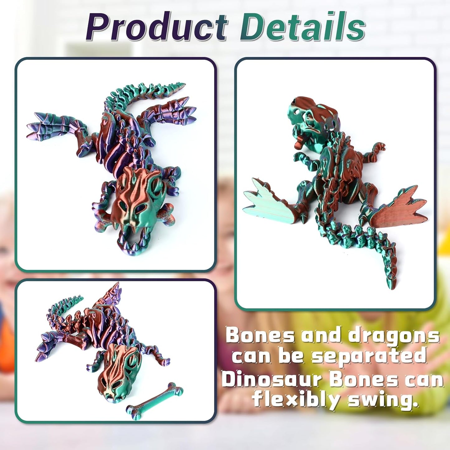 3D Printed Dinosaur Bone Skeleton Tyrannosaurus Rex with Movable Jaw Fidget Dinosaur Toys Full Articulated Dinosaur Executive Desk Toys Home Office Decor, Green Mix Purple