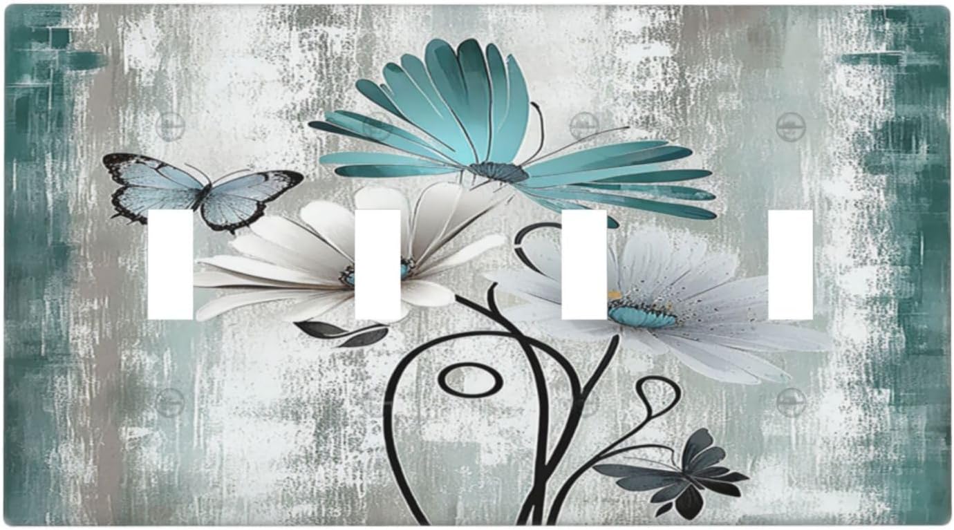 Light Switch Covers Rustic Teal Daisy Floral Flowers Butterfly Wood Grain Quad Toggle Electrical Faceplate 4 Gang Wall Plate Decorative Switch Plates for Bathroom Bedroom Decor