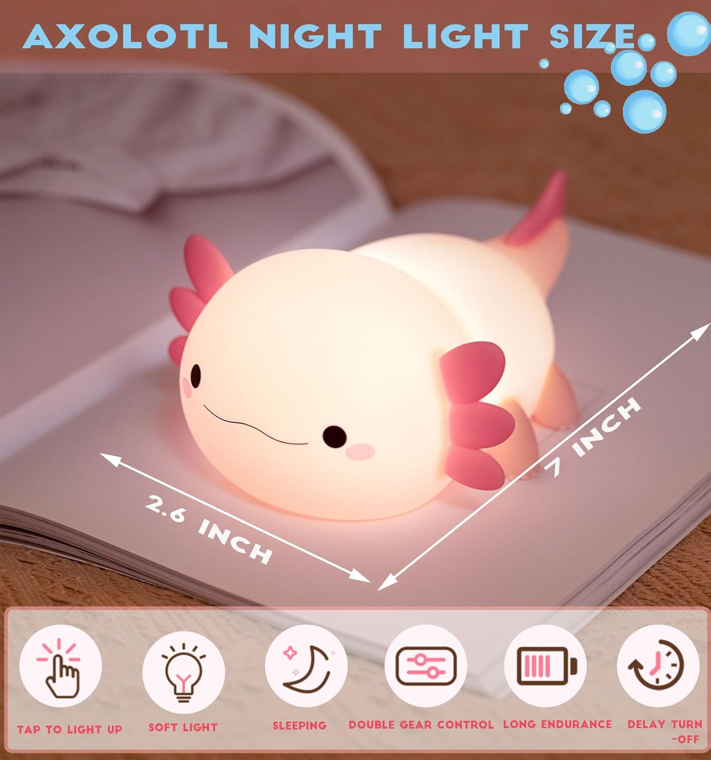 Axolotl Night Light for Kids,Cute Axolotl lamp Gifts Rechargeable light Table Lamp Bedside Lamp,LED Animal Silicone Nursery Night Lamp Cute Room Decor Night Light for Kids Girls Boys