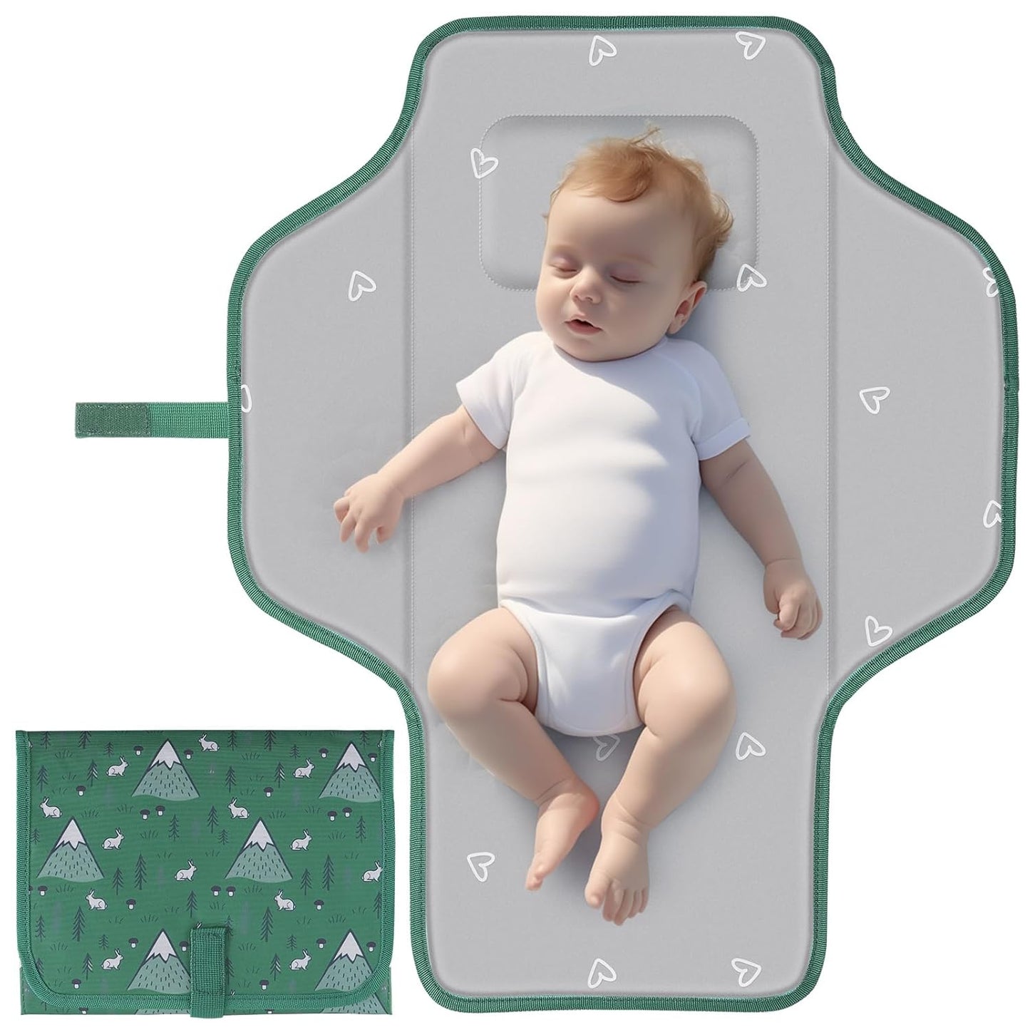 Portable Diaper Changing Pad, Waterproof Baby Changing Mat, Foldable Travel Baby Changing Station, Newborn Essential Baby Shower Registry Gift (Green-Rabbit)