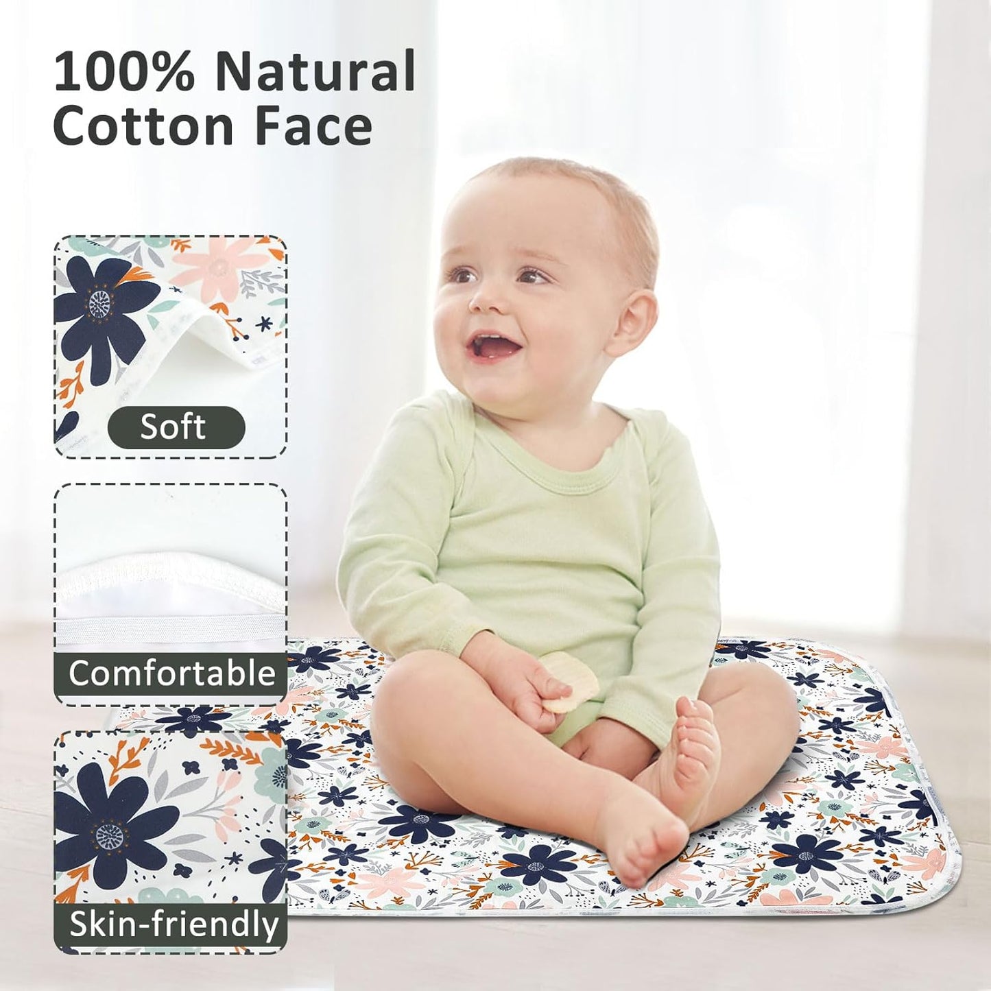 Baby Diaper Changing Pad, 21 5/8" x 31.5" Waterproof Changing Pad Liners - Reusable Soft and Absorbent Portable Changing Mat(Floral1PCS)