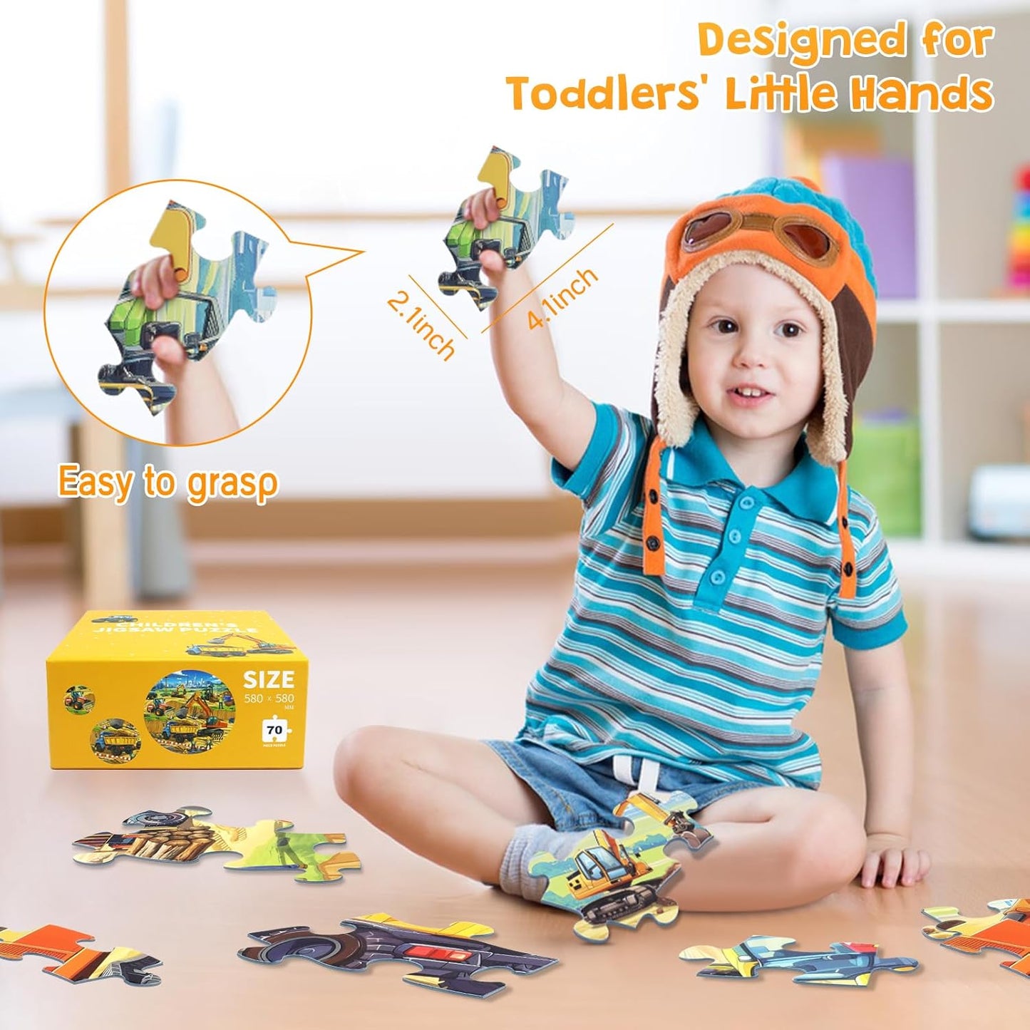 Floor Puzzles for Kids Ages 3 4 5 6 7 8, 70 Piece Construction Site Jigsaw Puzzle with Excavator Bulldozer Forklift Dumper Truck, Building Site Educational Toy Gift for Boys Birthday Christmas