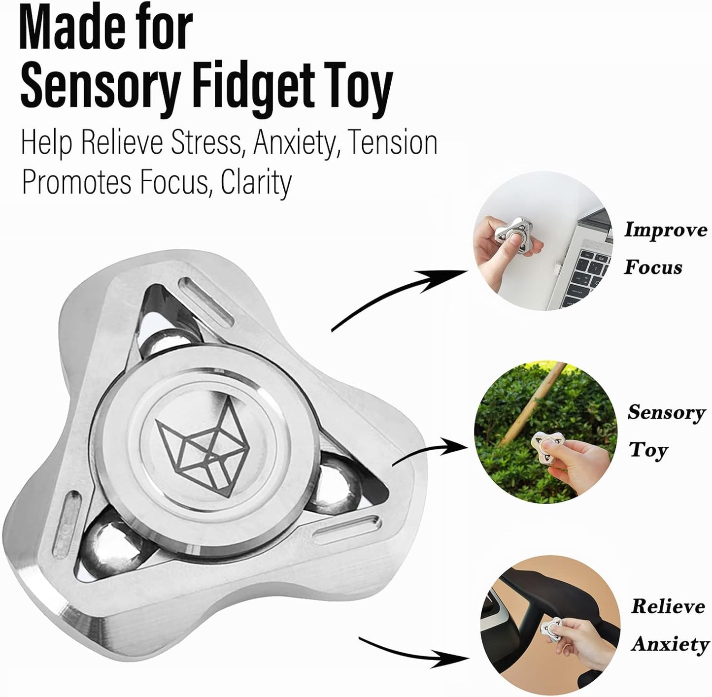 FREELOVE Upgraded Fox Metal Fidget Spinner for Adults, Steel/Glow Balls Clicking Noise, Mini Small Tiny Pocket Tri Finger Gyro, Long Spinning Premium Bearing Toy, Stainless Steel CNC, Silver