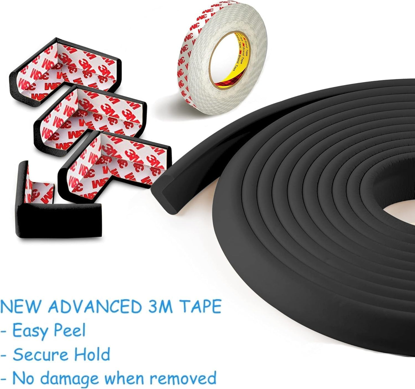 Baby Proof Corners & 15ft Edges with Furniture Corner & Edge Safety Bumpers, Impact-Absorbent Bumper & 4 Foam Corner Protectors, Cushy, Thick, Odorless Table Edge Protectors for Baby, Child | Black