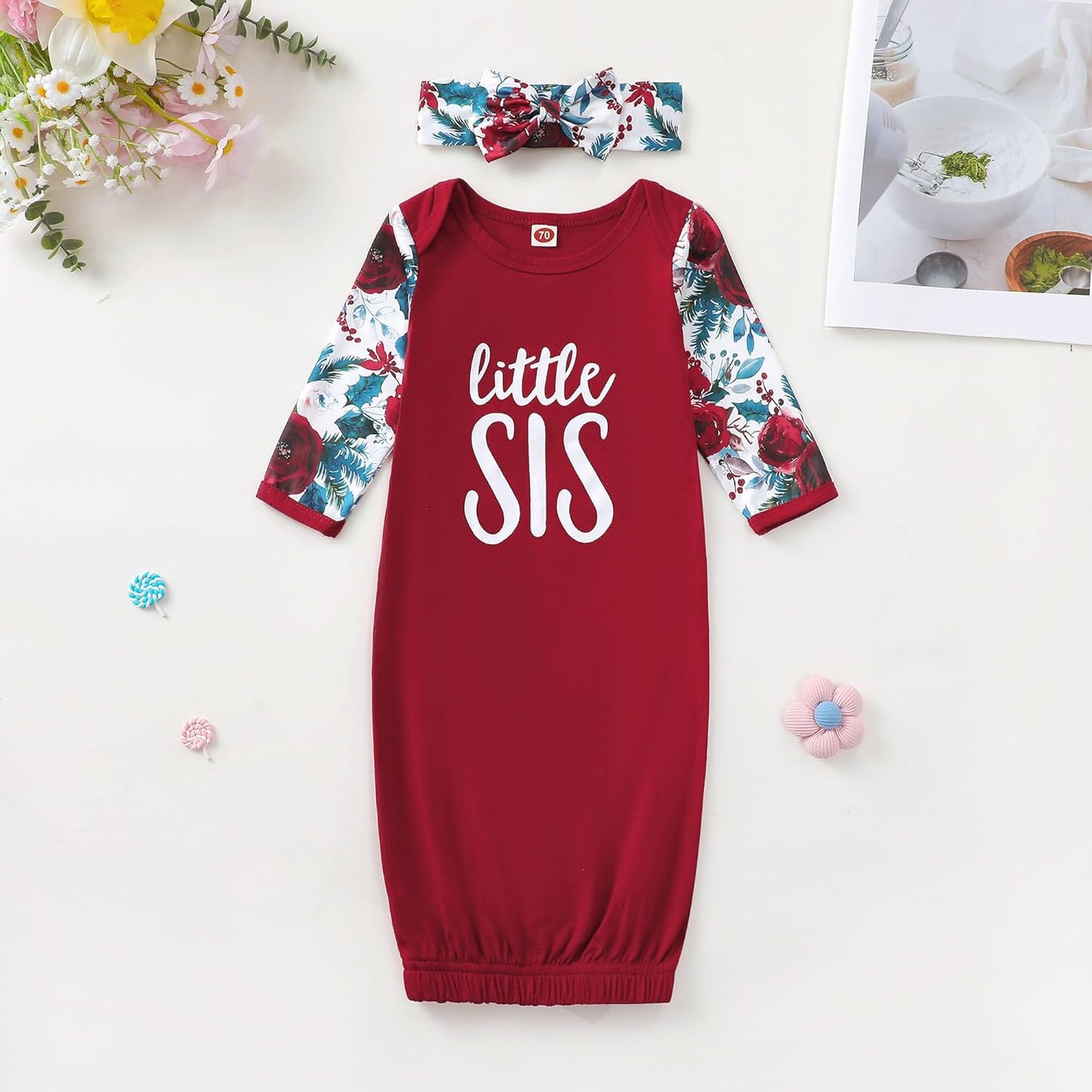 AMAWMW Newborn Baby Girl Little Sister Sleeper Gown Stripe Long Sleeve Nightgown Pajamas Gifts Stuff Essential Outfit