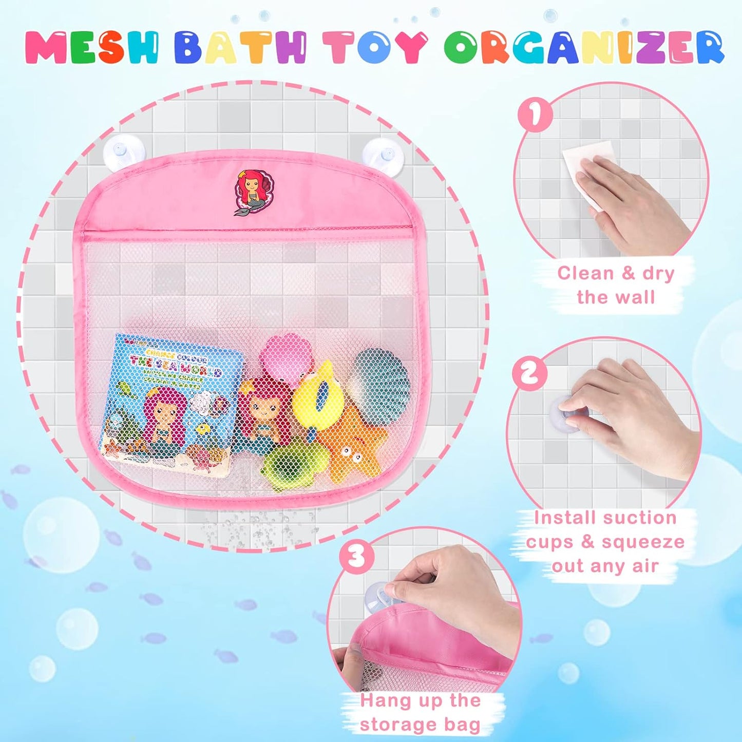 Light Up Bath Toys for Toddlers Kids Girls Baby, No Hole Glow Bath Toys with Bath Book & Organizer, Led Light Bath Time Water Toys for Bath Tubs Bathrooms Pool, Gift for Toddlers Girls Infants