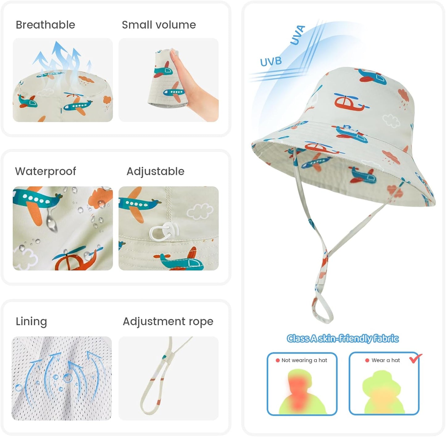 Baby Sun Hat 0-6 Years Toddler Boys Girls Adjustable Bucket Hats Kids Bucket Hats UPF 50+ Wide Brim Beach Swim Pool