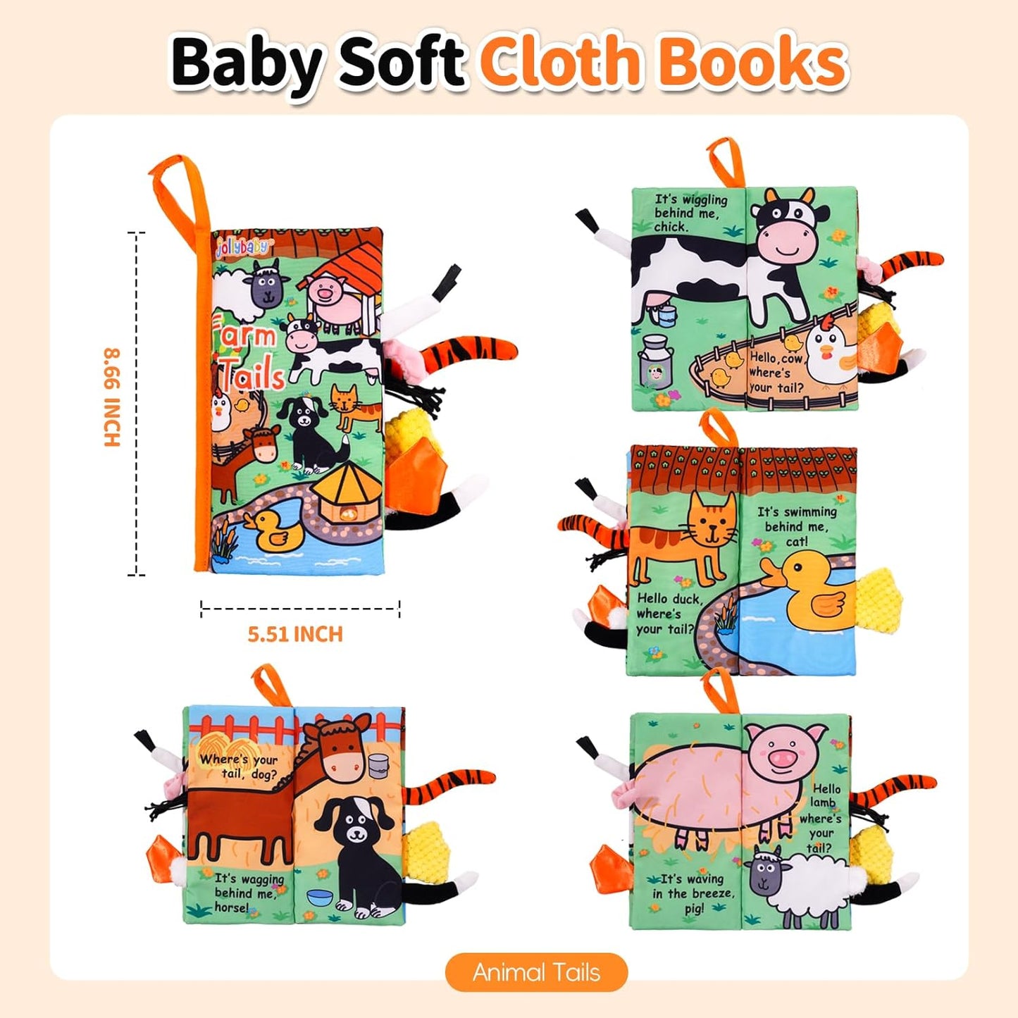 Jollybaby Baby Cloth Books, Touch & Feel Crinkle Soft Books, for Infants Babies, Toddler Early Educational Interactive Stroller Toys, Baby Girl & Boy Gift(Farm Tails)
