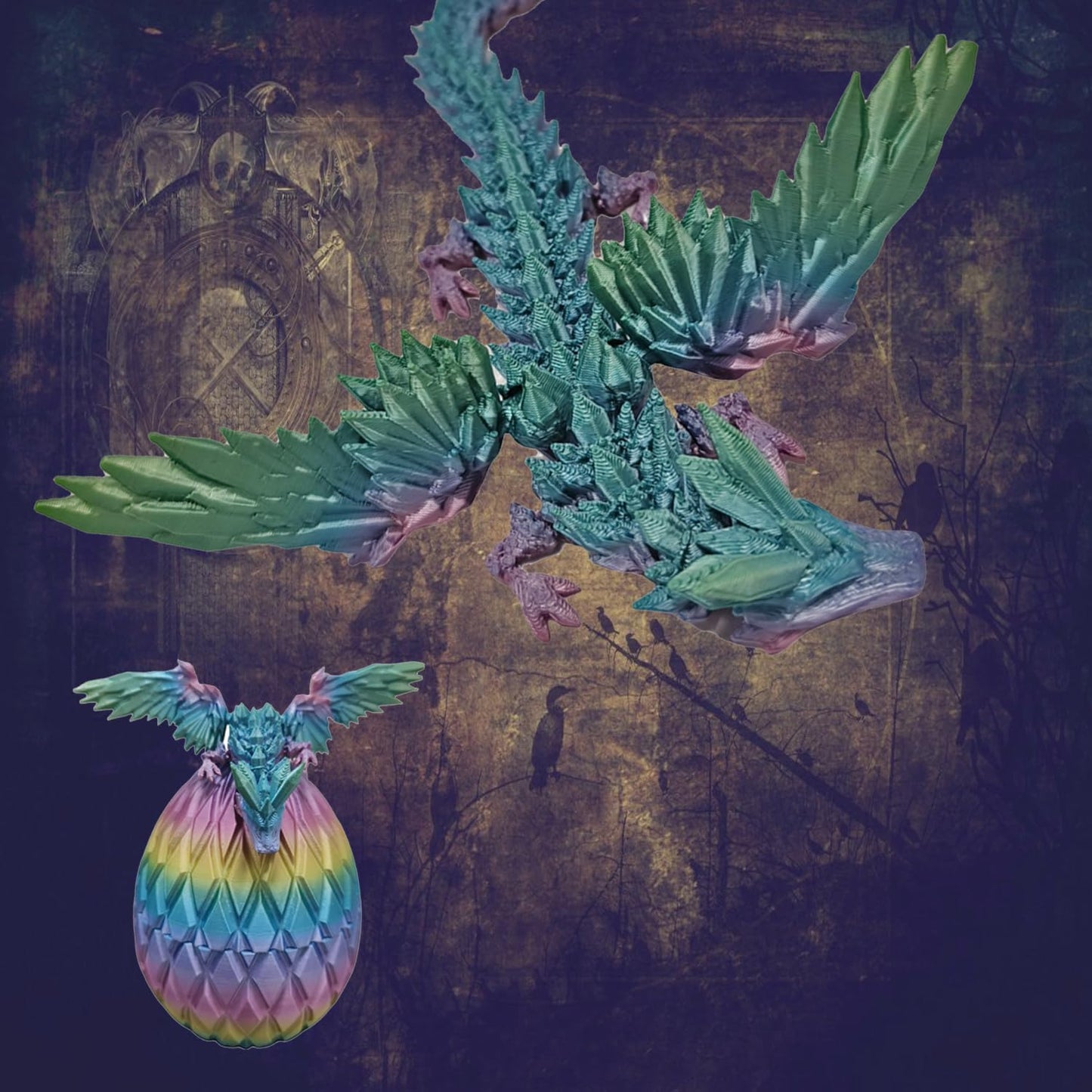 3D Printed Dragon Eggs with Dragon Inside Fidget Toys for Adults, 3D Printed Articulated Dragon, Home Office Decor Executive Desk Toys Posable Flexible Crystal Dragon Toy(Rainbow)