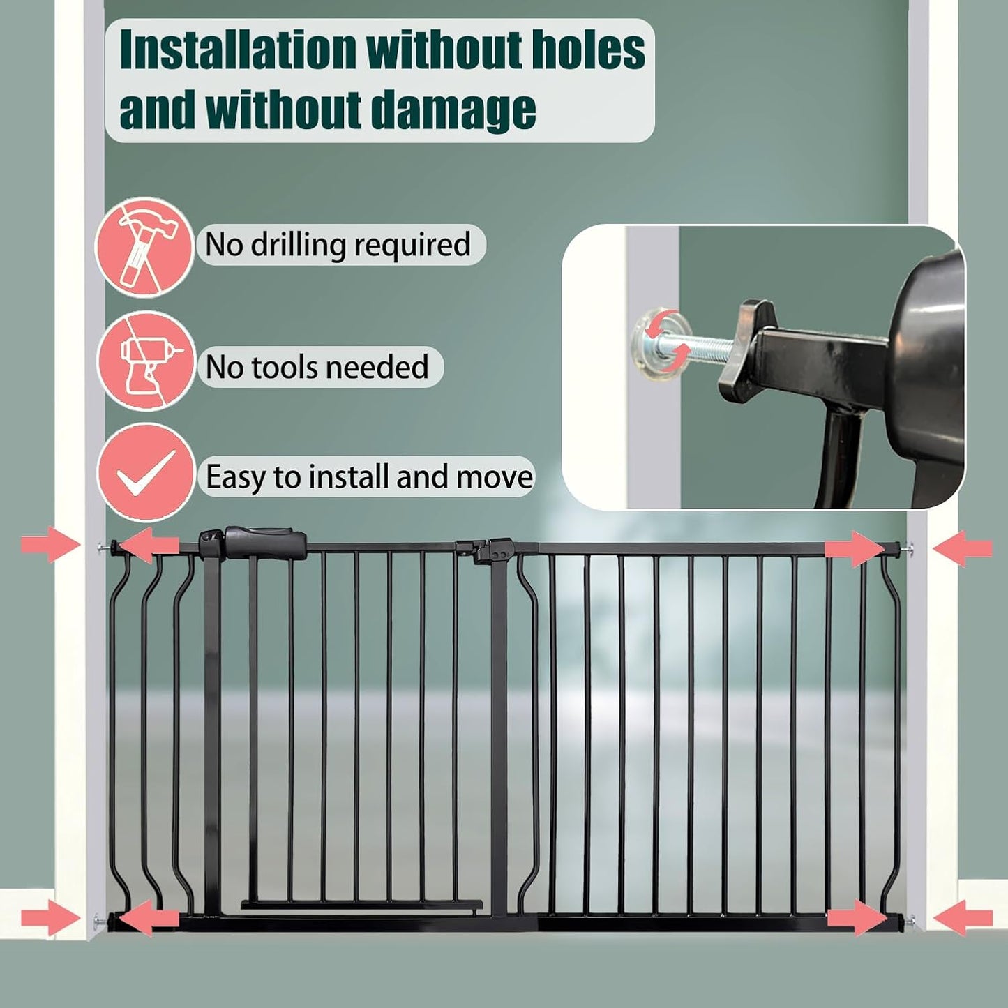 Heavy Duty Baby & Dog Safety Gate, Extra Wide 85.8-90.5 Inch,Black Metal, Pressure Mounted No Drilling Pet Gate for Large Openings