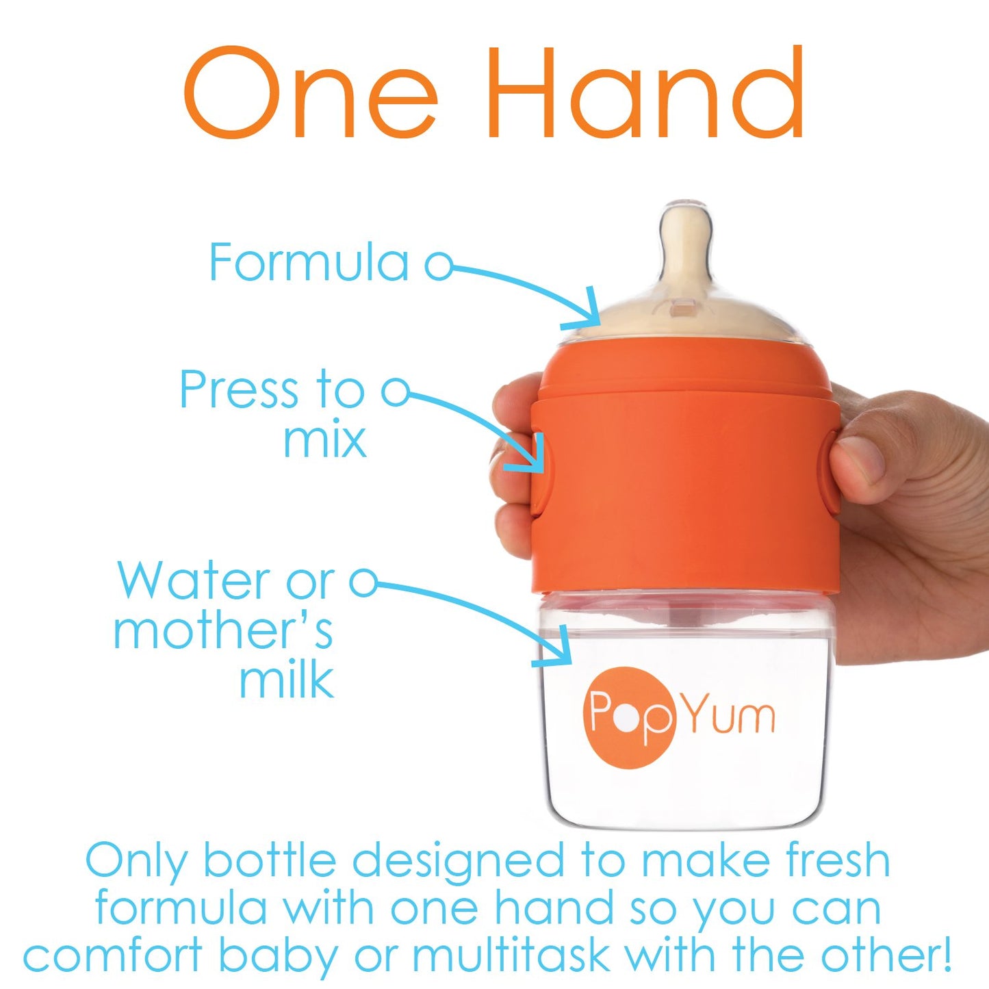 PopYum 5 oz Orange Anti-Colic Formula Making/Mixing/Dispenser Baby Bottles, 3-Pack with #1 Slow Flow Nipples, 150 ml, BPA-Free, Natural Latch