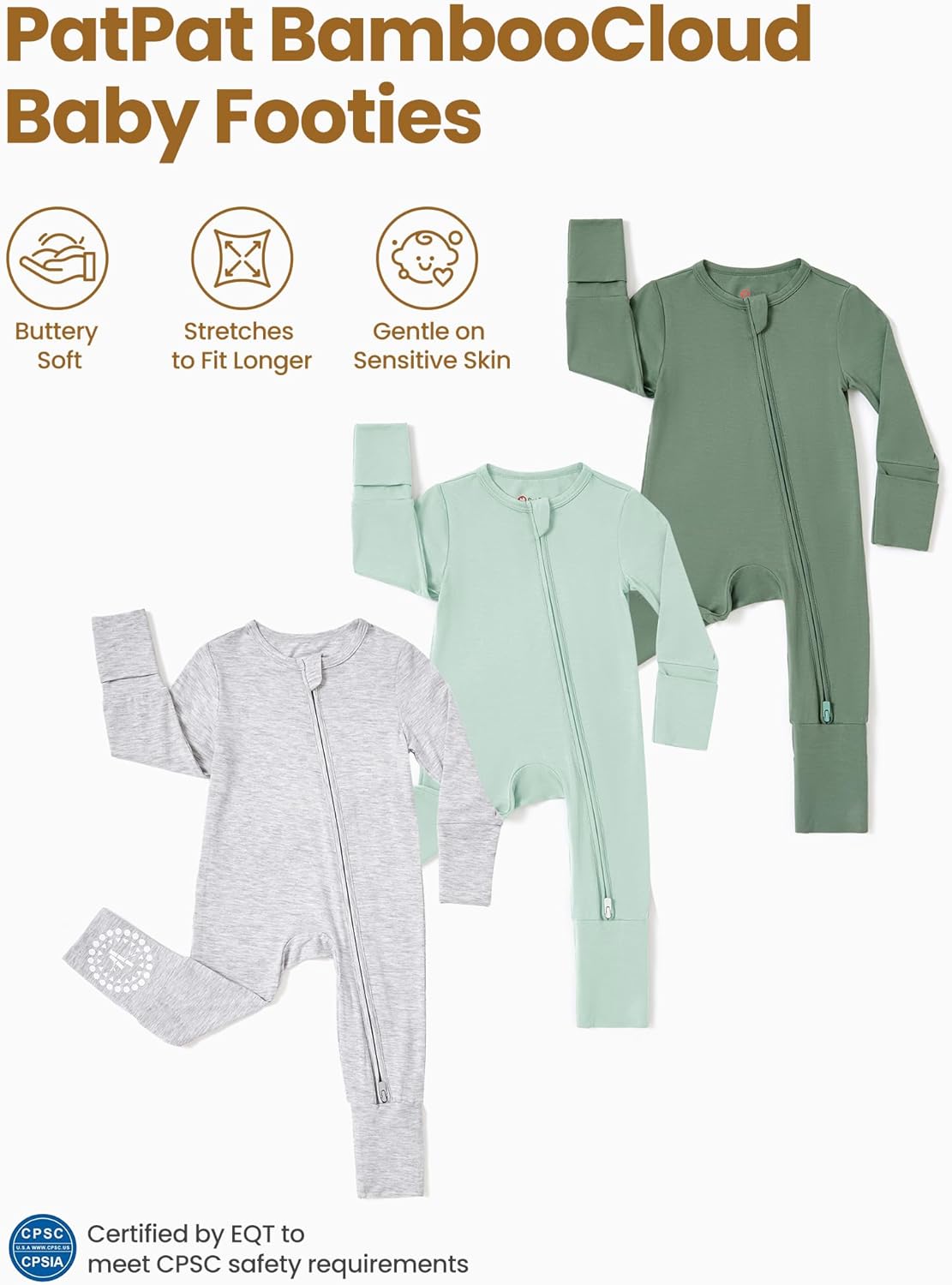 PATPAT Baby Footies Boys Girls - Bamboo Viscose - Zipper & Non-Slip Soles Romper Mitten - Footed & Footless Infant Clothes