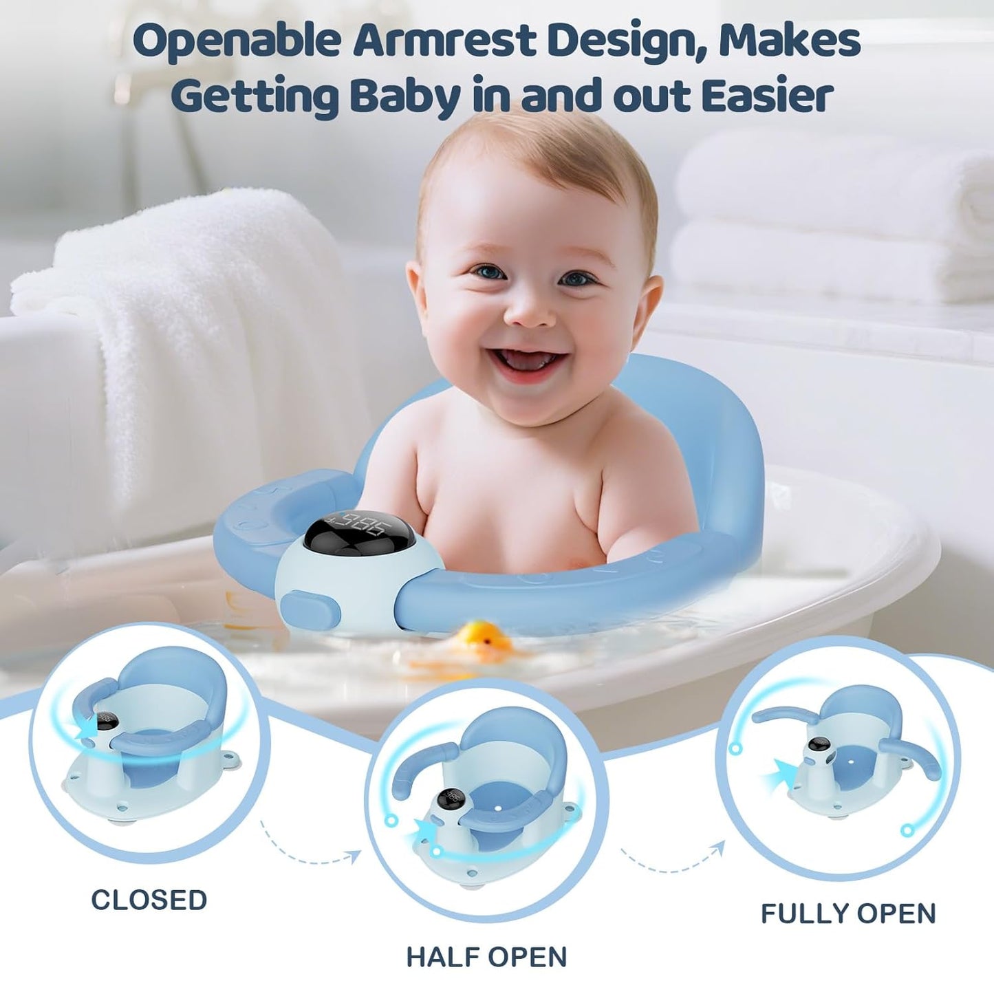 Baby Bath Seat-for Babies 6 Months & up, Water Temperature Display+Soft Cushion, Non-Slip Toddler Bath Seat for Baby, Sit Up Bath Seat for Baby, Blue