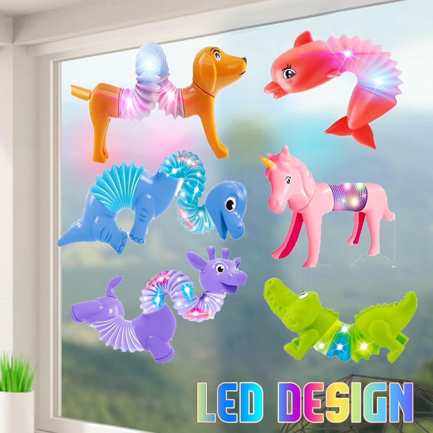 6 Pack LED Light Up Pop Tubes,Dog pop Tubes, Animal pop Tubes Fidget Toys,Sensory Tubes Fidget Toys for Kids,Toddler Sensory Toys,Fidget Tubes Party Favors,School Reward,Gift for Kids