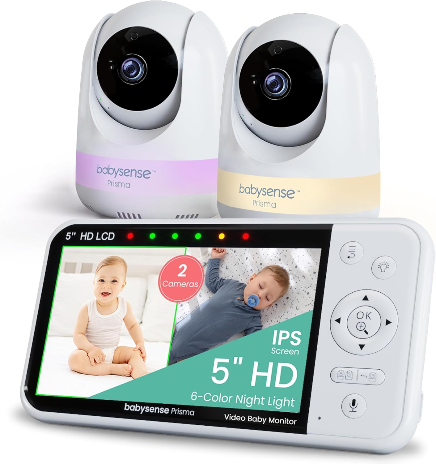 Babysense Prisma Baby Monitor with Camera and Audio, 5” HD Video Baby Monitor with 2 Cameras, 6-Color Night Light, Split Screen, Sound Machine with White Noise & Lullabies, Secure No WiFi