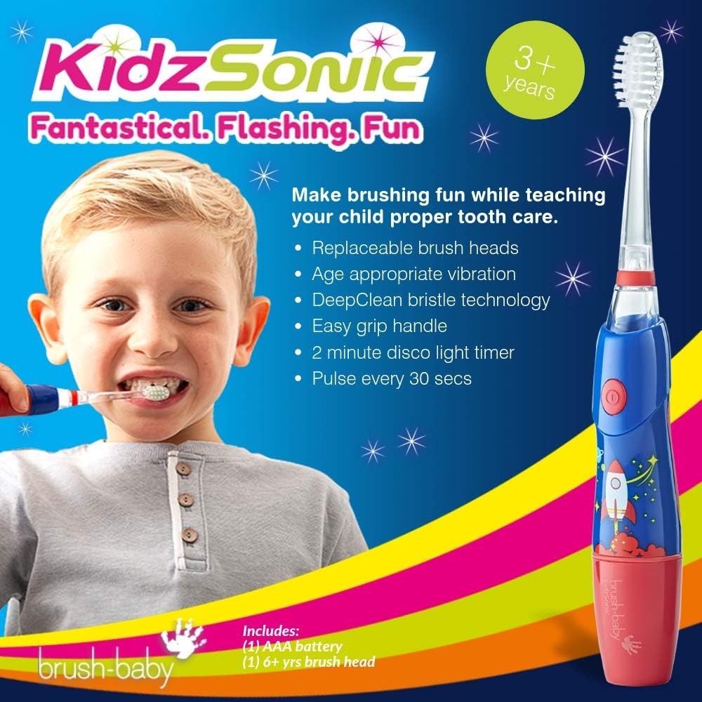 B07YVKSLHYBrush‑Baby - KidzSonic Rocket Kids Electric Toothbrush for Ages 3+ with Disco LED Lights, Gentle Sonic Vibrations, 2-Minute Smart Timer & 30‑Second Pulse Reminders – AAA Battery Included