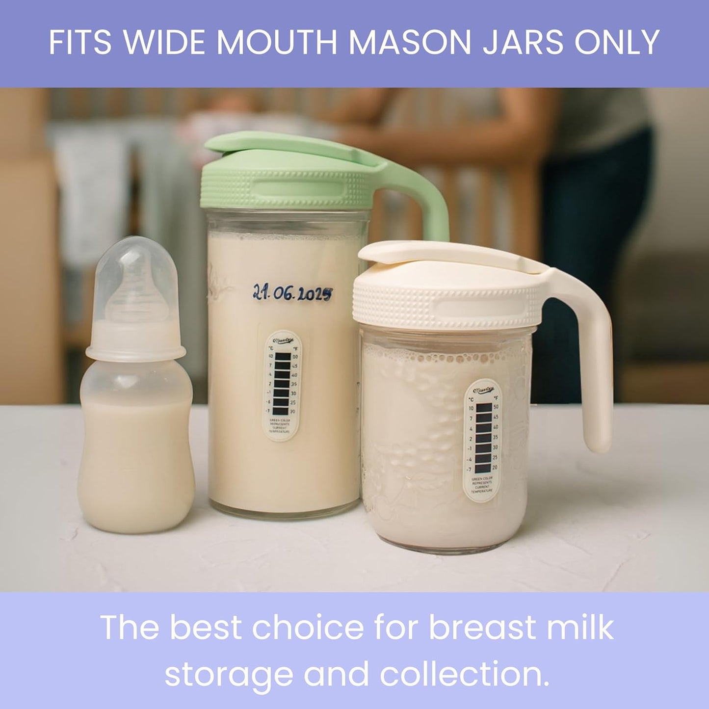 Masontops Breast Milk Storage Kit - 24oz Airtight Mason Jar with Handle, Marker & Stick-on Thermometer for New Moms