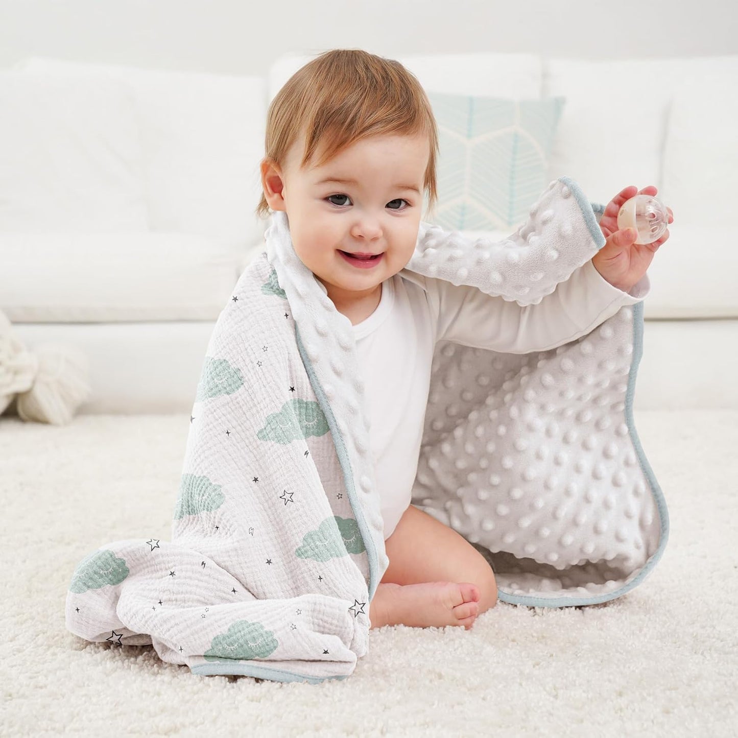 Susurration Baby Blanket for Unisex Boys Girls, Soft Nursery Minky Blanket with Muslin Cotton Front and Dotted Fleece Back, Receiving Blanket for Baby Newborn Infant, 30x40inch (Cloud)