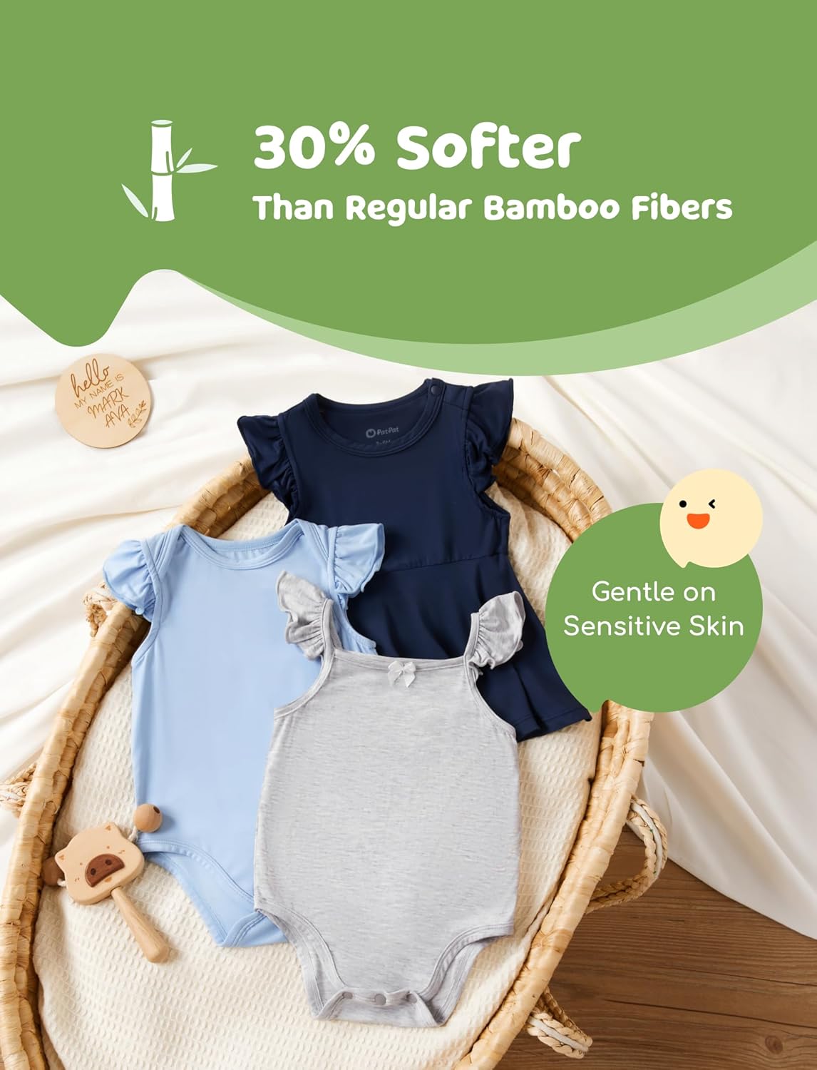 PATPAT Baby Girl Bodysuits - Soft Bamboo Viscose - Flutter Sleeves Cute Dress - Newborn Infant Summer Clothes - 3 Pack